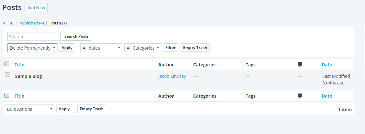 Deleting a Blog Post Screenshot