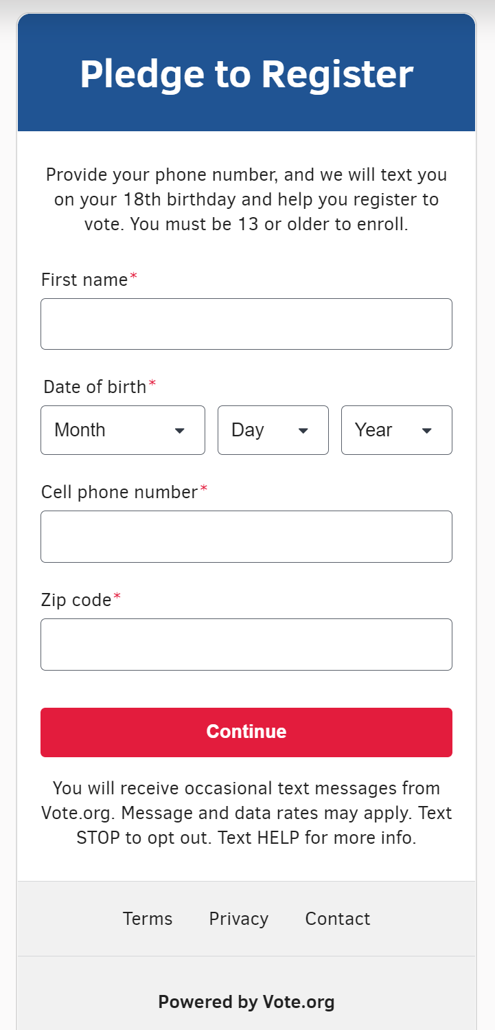 US Election Pledge to Register Form Widget Example